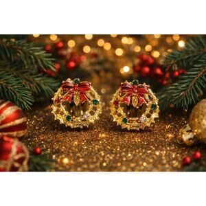 Vintage Christmas Wreath Earrings Gold Tone Red Green Rhinestone Clip On